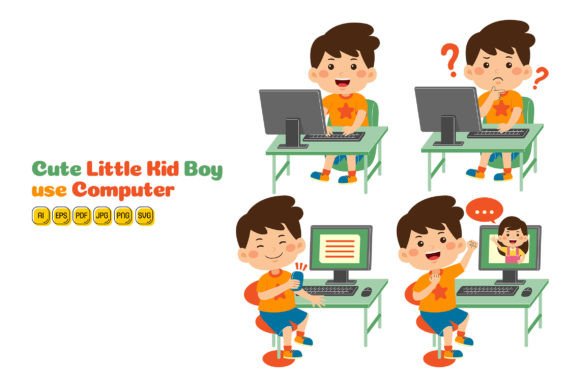 Cute Little Kid Boy Use Computer 01 Graphics and Illustrations Review