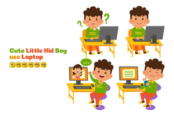 Cute Little Kid Boy Use Computer 02 Graphics and Illustrations