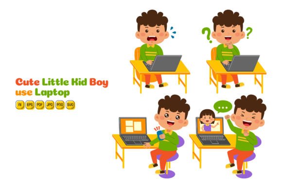 Cute Little Kid Boy Use Laptop Vector 02 Graphics and Illustrations