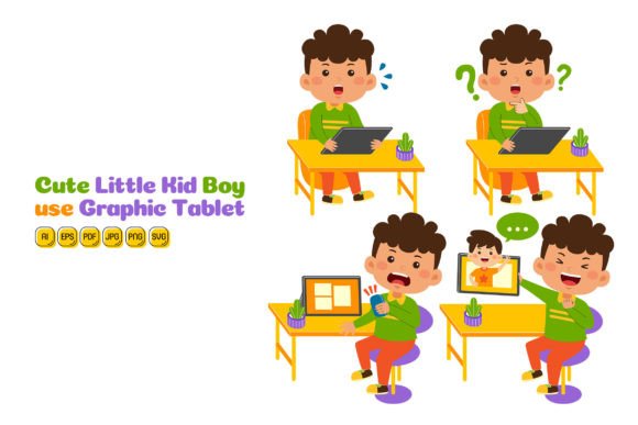 Cute Little Kid Boy Use Tablet Vector 01 Graphics and Illustrations Review