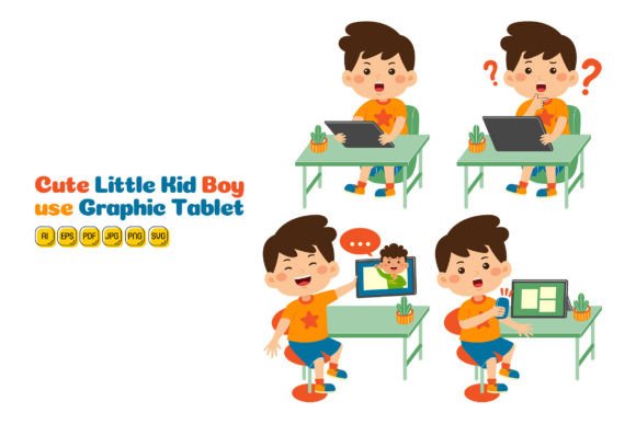 Cute Little Kid Boy Use Tablet Vector 02 Graphics and Illustrations