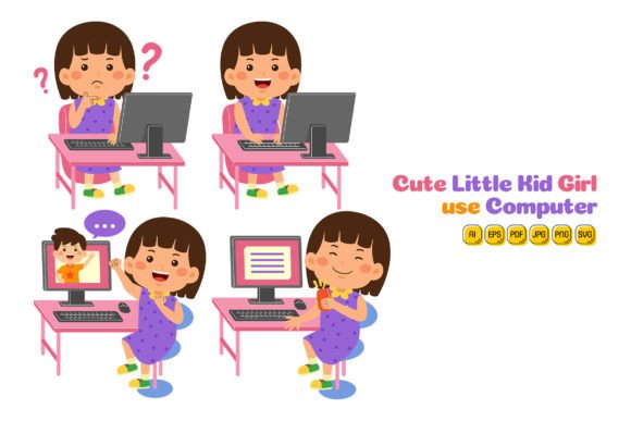 Cute Little Kid Girl Use Computer 01 Graphics and Illustrations Review