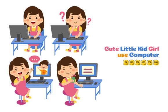 Cute Little Kid Girl Use Computer 02 Graphics and Illustrations