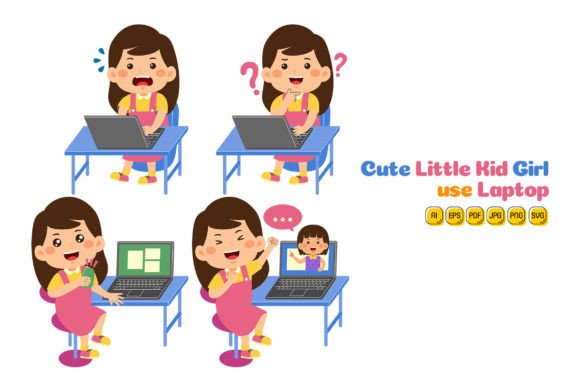 Cute Little Kid Girl Use Laptop Vector 1 Graphics and Illustrations