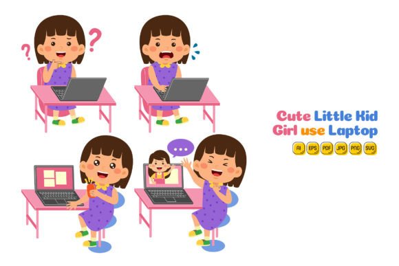 Cute Little Kid Girl Use Laptop Vector 2 Graphics and Illustrations Review