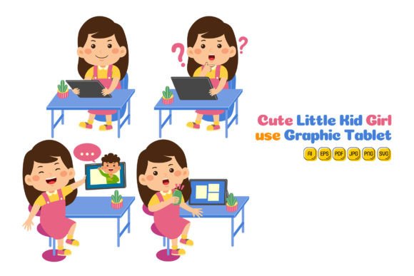 Cute Little Kid Girl Use Tablet Vector 1 Graphics and Illustrations Review