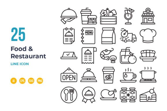 Food and Restaurant Icon Set in Outline: Essential Graphics and Icons for Branding